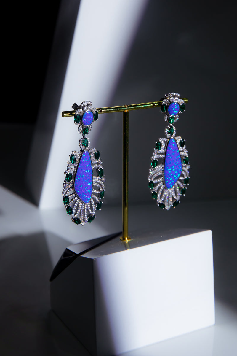 Mystic Peacock | Vintage Filigree Iridescent Blue & Emerald-Tone 925 Silver Drop Earrings