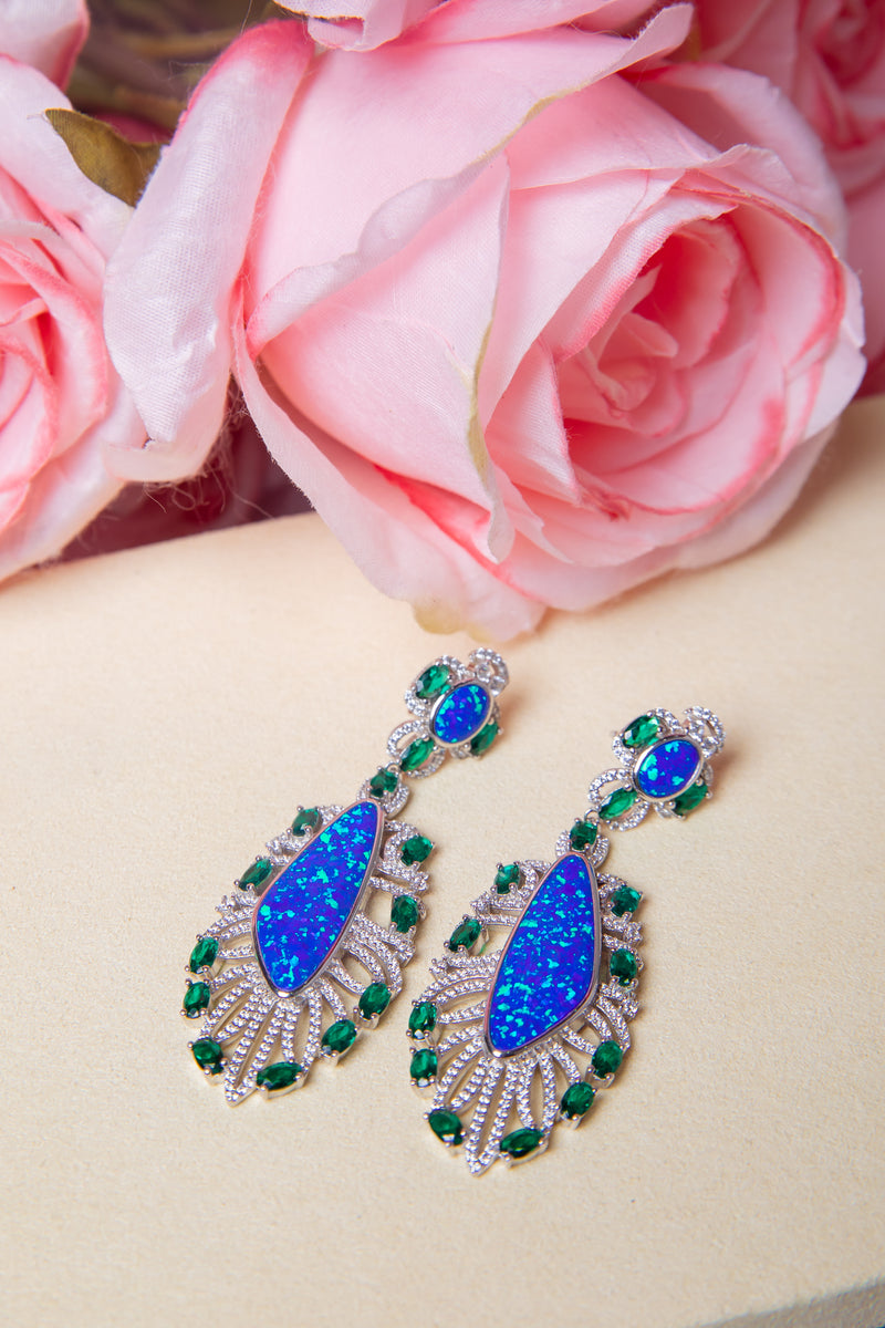 Mystic Peacock | Vintage Filigree Iridescent Blue & Emerald-Tone 925 Silver Drop Earrings