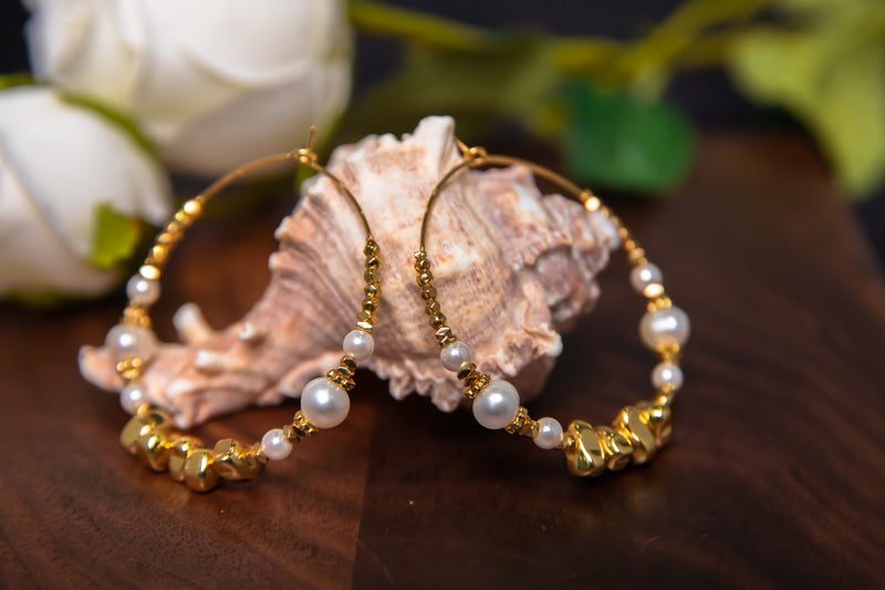 Gilded Rhythm | Vintage Bohemian 18K Gold Pearl Hoop Earrings