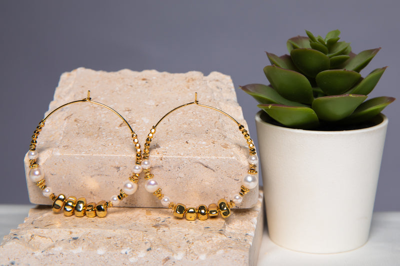 Gilded Rhythm | Vintage Bohemian 18K Gold Pearl Hoop Earrings