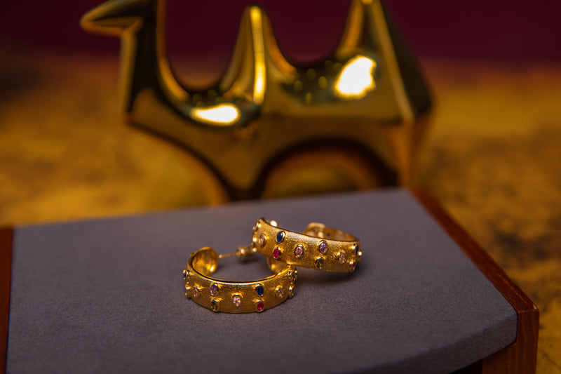 [The Byzantine Realm] Multi-Gemstone Matte Gold Hoop Earrings