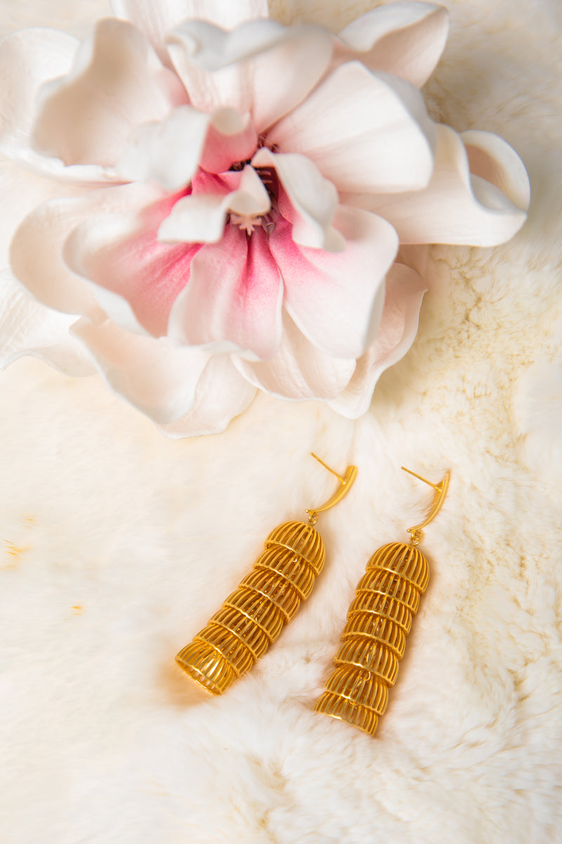 Floating Golden Pagoda | Tiered Hollow Lantern Drop Earrings