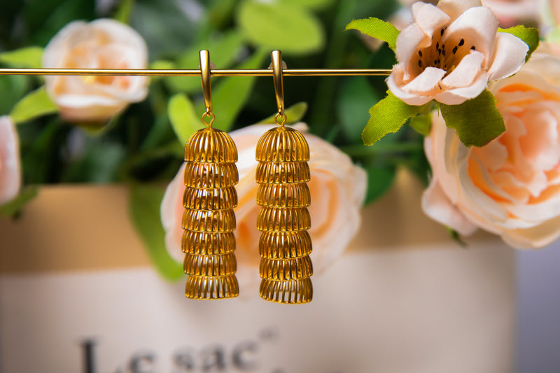 Floating Golden Pagoda | Tiered Hollow Lantern Drop Earrings