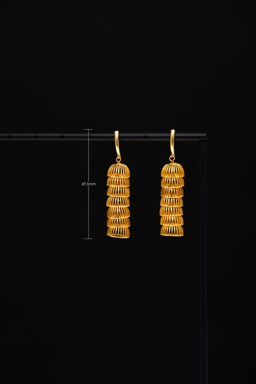 Floating Golden Pagoda | Tiered Hollow Lantern Drop Earrings