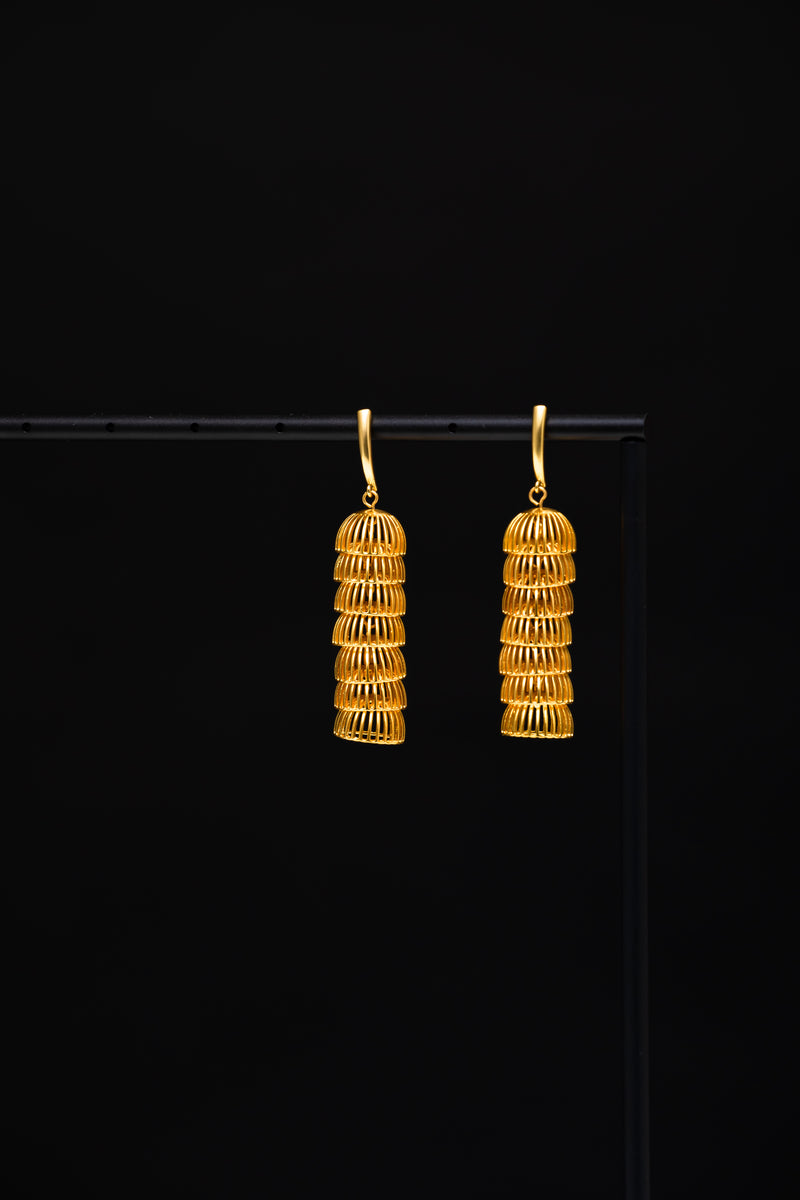 Floating Golden Pagoda | Tiered Hollow Lantern Drop Earrings