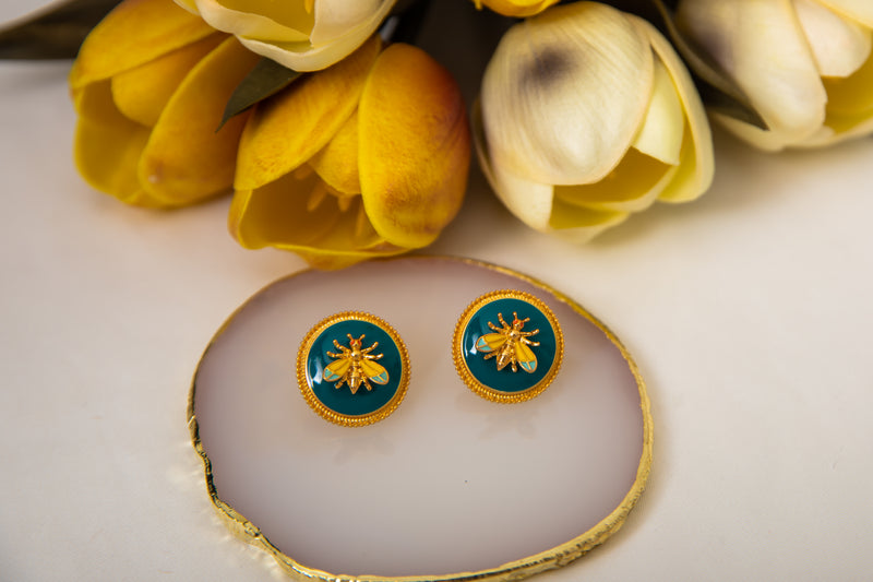 [Emerald Golden Bee] Vintage Enamel Bee Stud Earrings