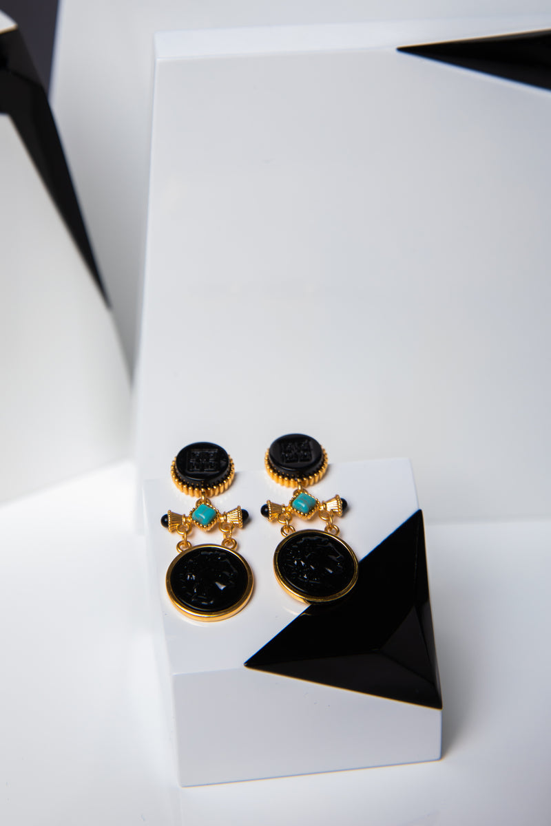 [Midnight Muse] Vintage Onyx Cameo Drop Earrings