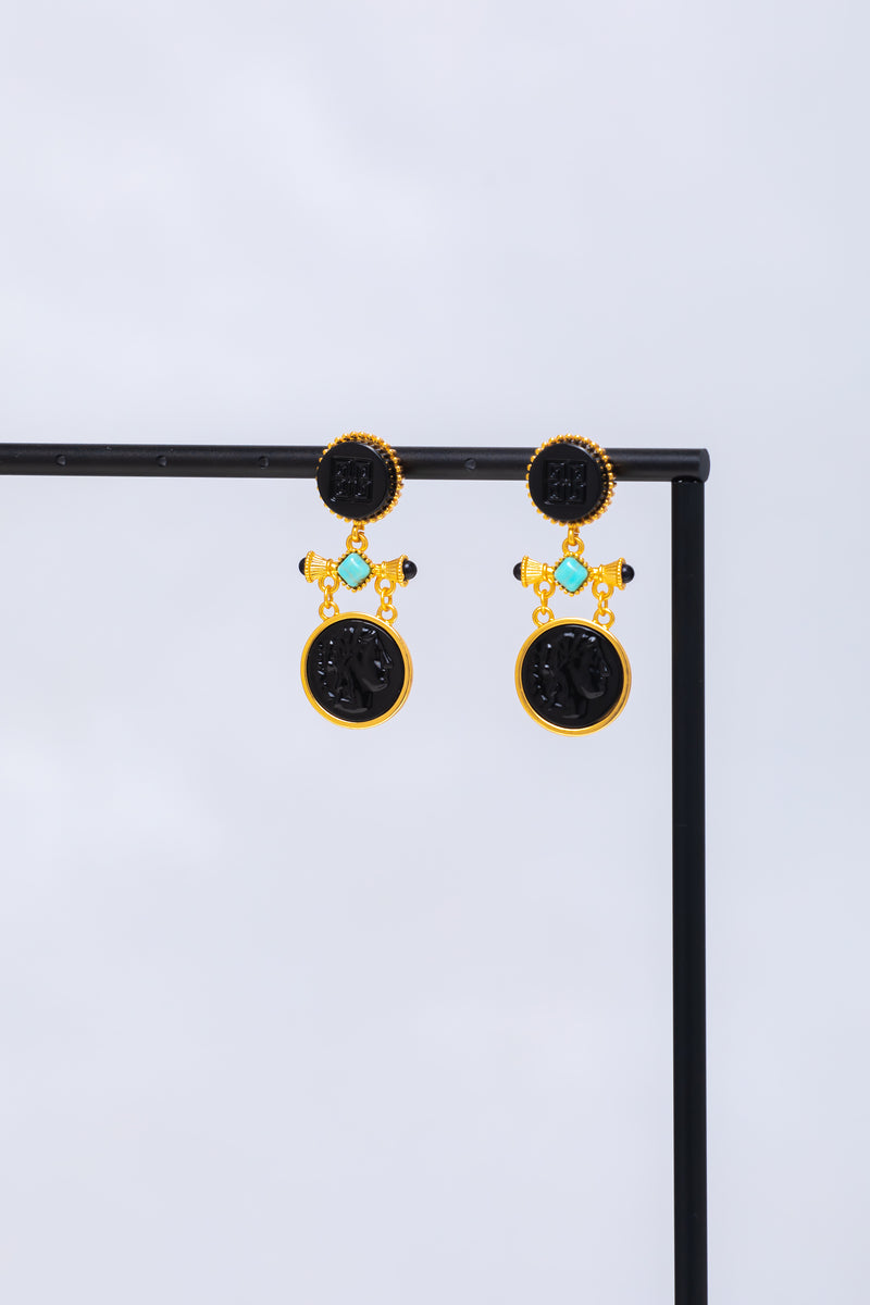 [Midnight Muse] Vintage Onyx Cameo Drop Earrings