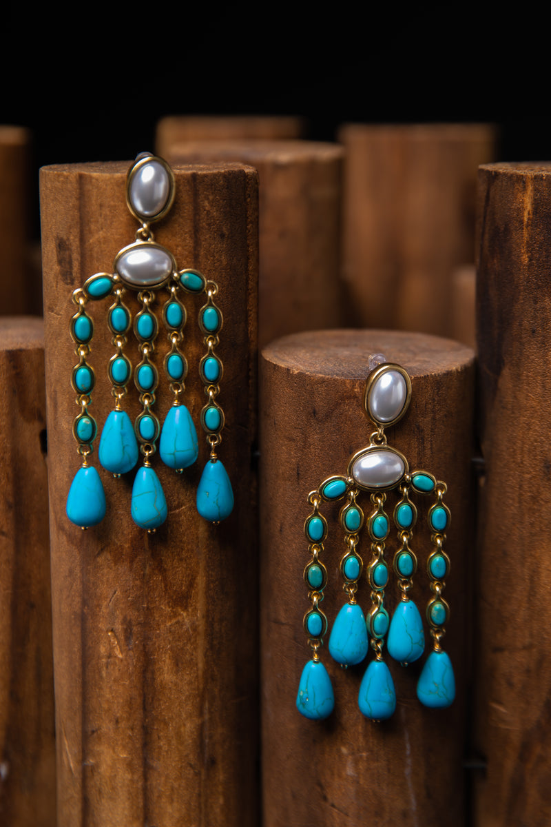 [Mystic Cascade] Vintage Pearl & Turquoise Chandelier Earrings