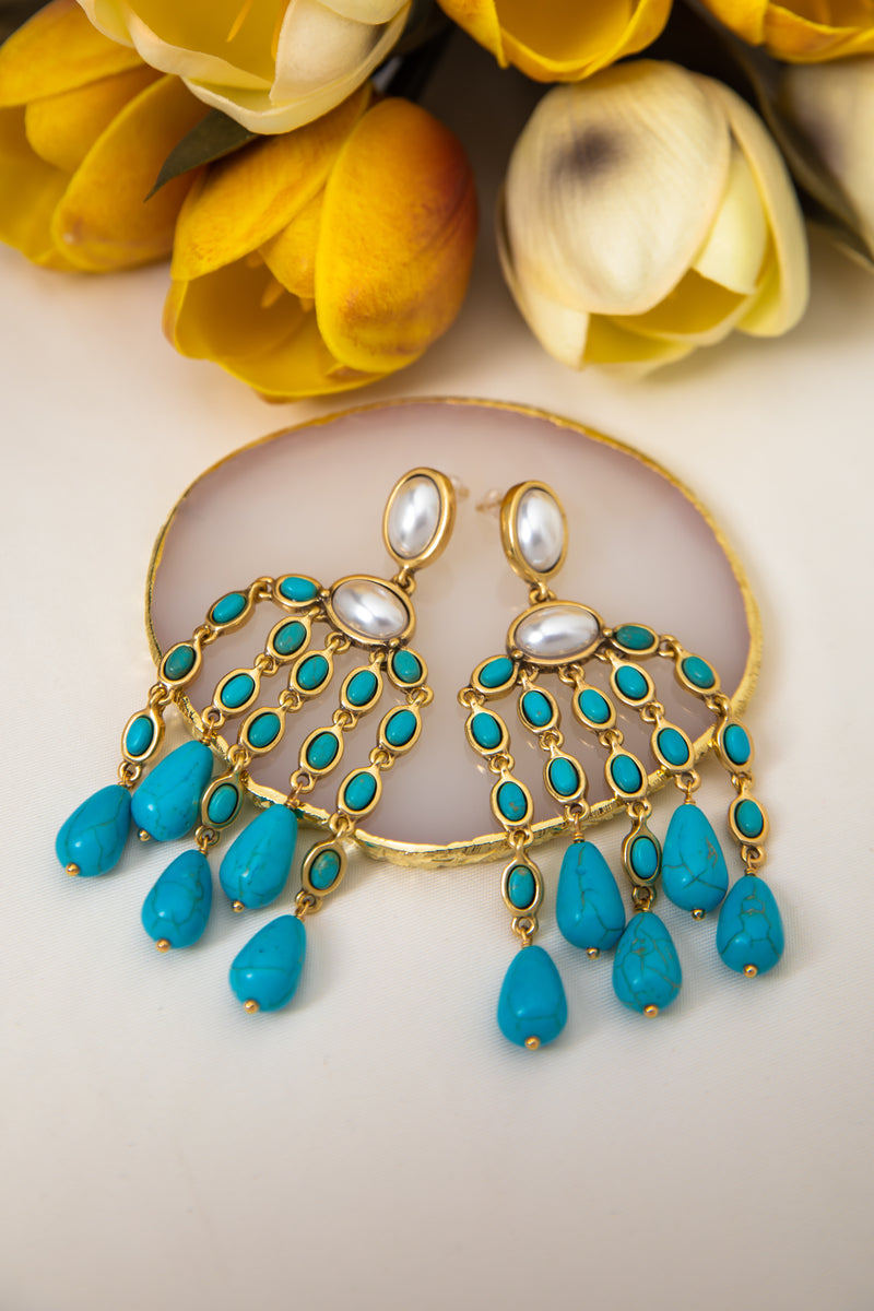 [Mystic Cascade] Vintage Pearl & Turquoise Chandelier Earrings