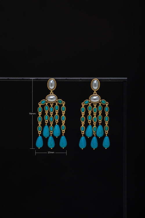 [Mystic Cascade] Vintage Pearl & Turquoise Chandelier Earrings