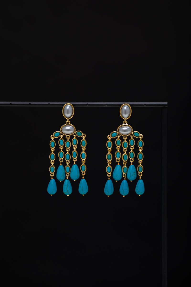 [Mystic Cascade] Vintage Pearl & Turquoise Chandelier Earrings
