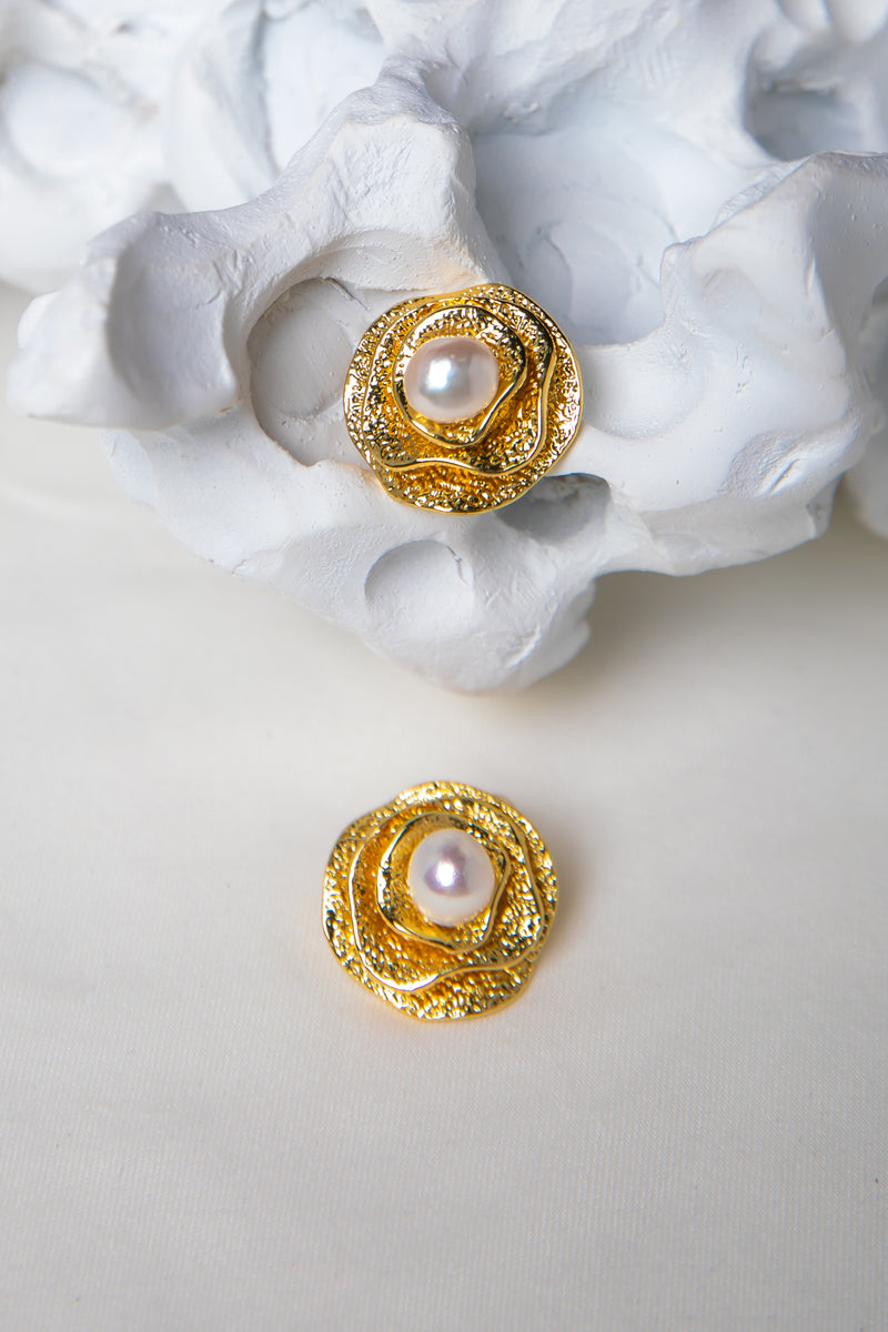 Gilded Blossom | Textured 18K Gold & Natural Pearl Vintage Stud Earrings