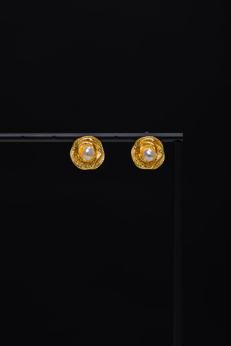Gilded Blossom | Textured 18K Gold & Natural Pearl Vintage Stud Earrings