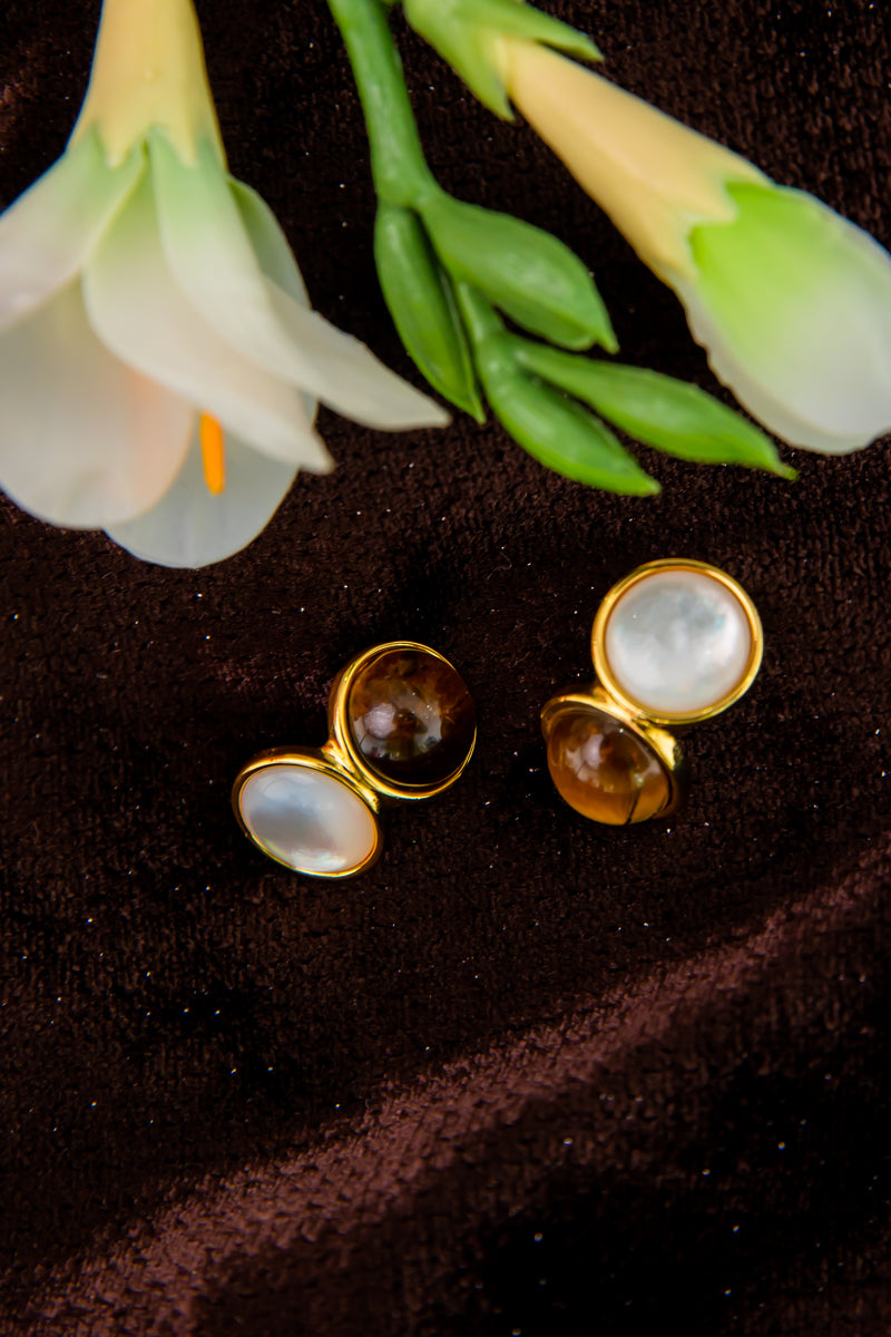 Eclipse Twins | Asymmetrical Tiger’s Eye & Clear Quartz 18K Gold Stud Earrings