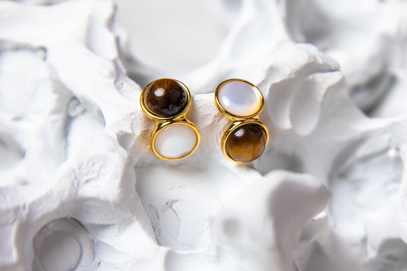 Eclipse Twins | Asymmetrical Tiger’s Eye & Clear Quartz 18K Gold Stud Earrings