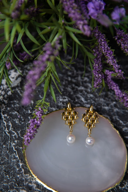 Gilded Rhythm | Geometric Matrix & Natural Pearl 18K Gold Drop Earrings