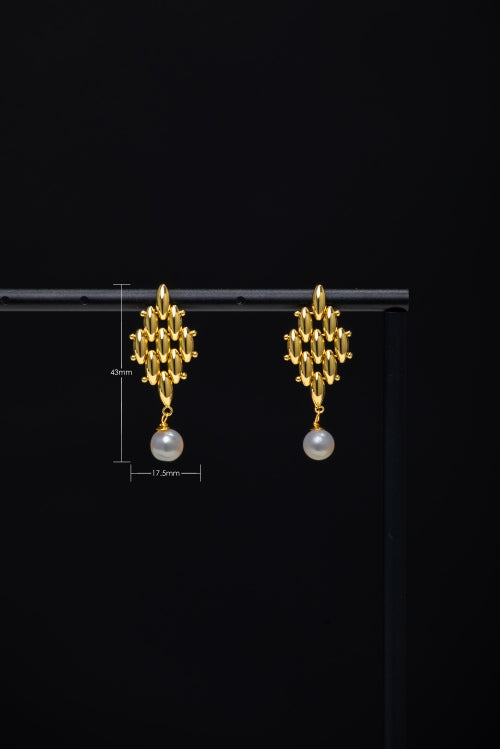 Gilded Rhythm | Geometric Matrix & Natural Pearl 18K Gold Drop Earrings
