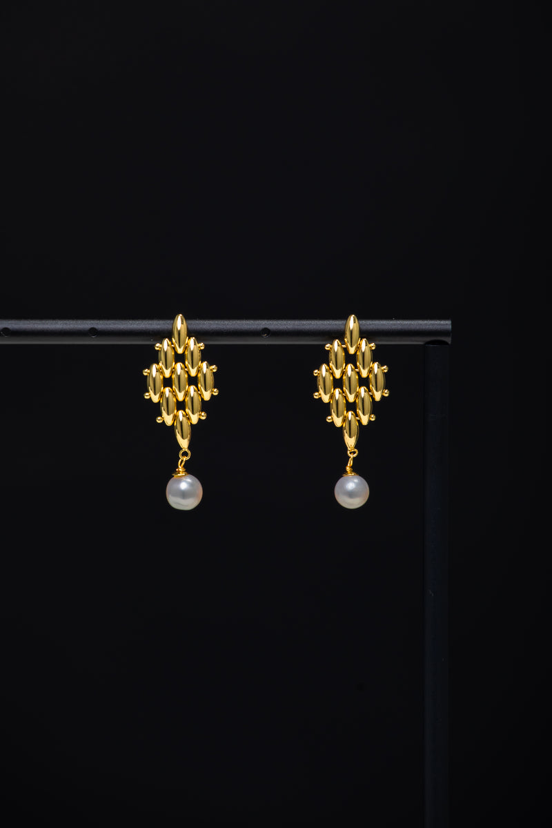 Gilded Rhythm | Geometric Matrix & Natural Pearl 18K Gold Drop Earrings