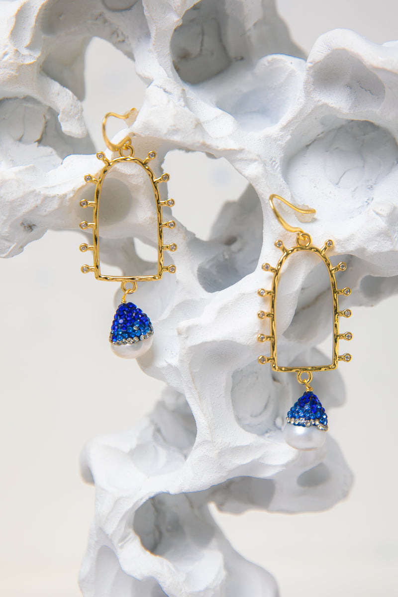 Celestial Portal | Ombré Blue Pearl & 18K Gold Drop Earrings