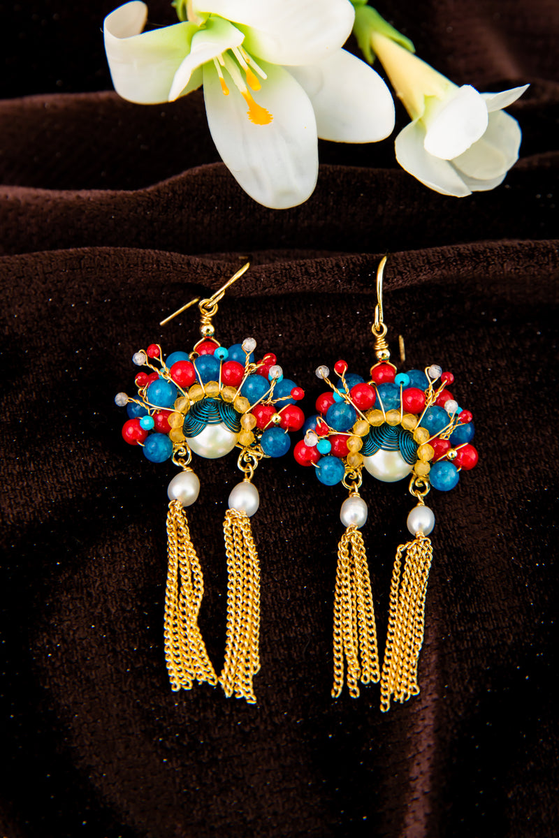 【The Phoenix Crown Muse】 Chinoiserie Wire-Wrapped Pearl &amp; Tassel Earrings