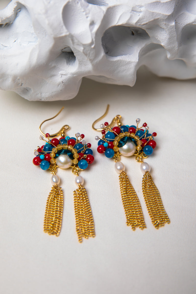 【The Phoenix Crown Muse】 Chinoiserie Wire-Wrapped Pearl &amp; Tassel Earrings