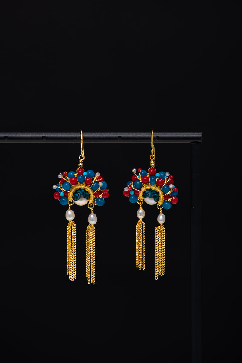 【The Phoenix Crown Muse】 Chinoiserie Wire-Wrapped Pearl &amp; Tassel Earrings