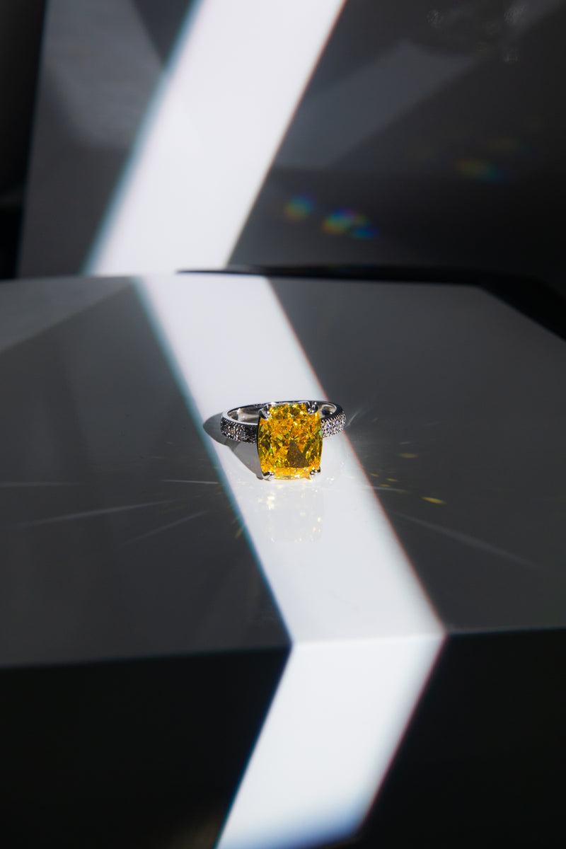 [First Ray] Solitaire Pavé Cushion Canary Yellow Lab-Grown Gemstone Ring