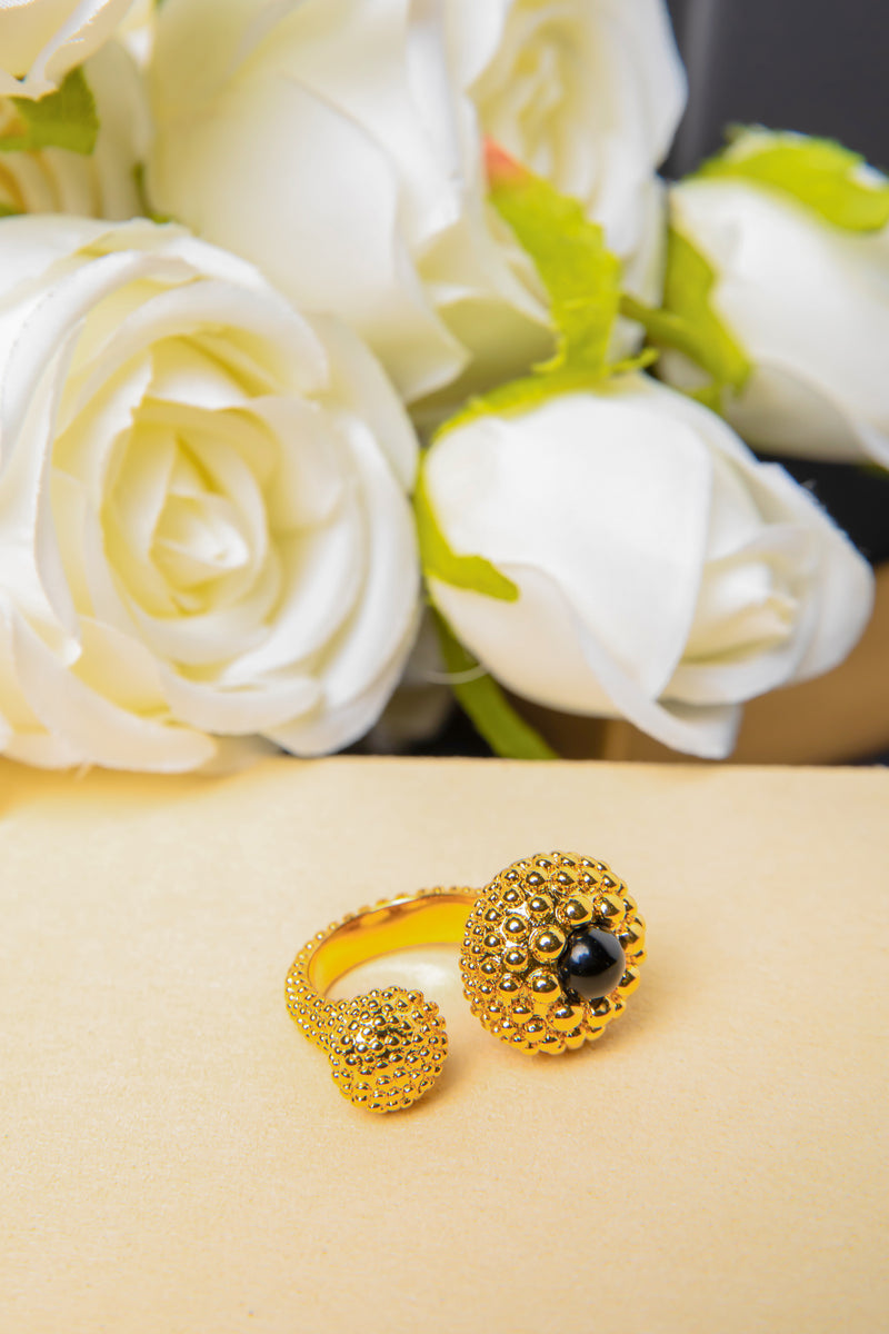 [Embrace of the Stars] Caviar Texture Black Onyx Open Ring