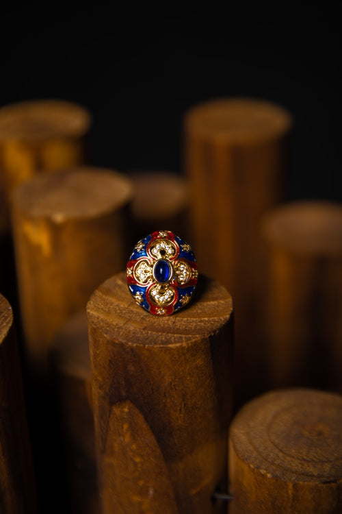 [Sacred Kaleidoscope] Vintage Enamel & Blue Sapphire Statement Ring