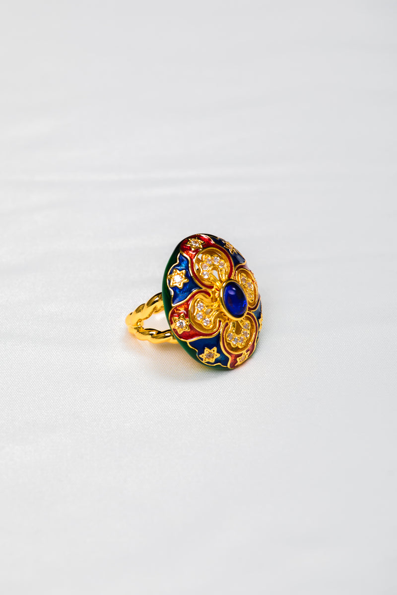 [Sacred Kaleidoscope] Vintage Enamel & Blue Sapphire Statement Ring