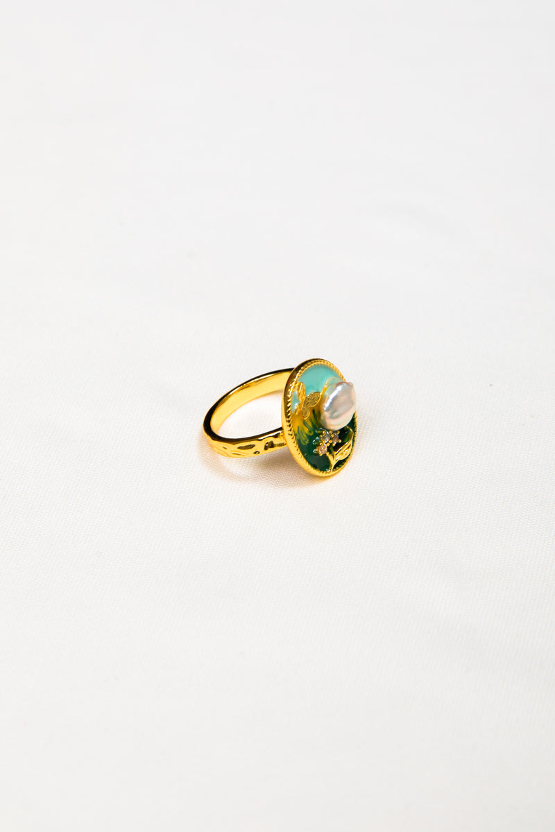Monet’s Garden | Vintage Hand-Painted Shell & Pearl Artistic Ring