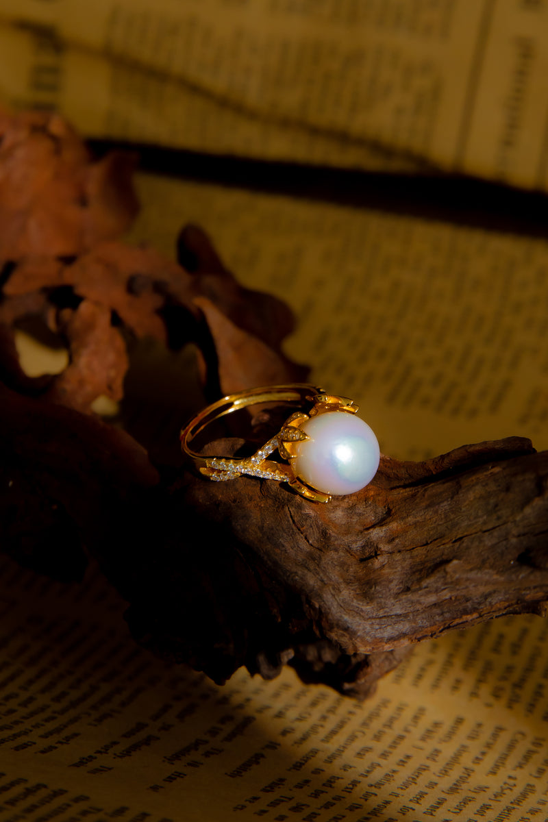 [Poetry of Vines] Vintage Golden Leaf &amp; Natural Pearl Ring