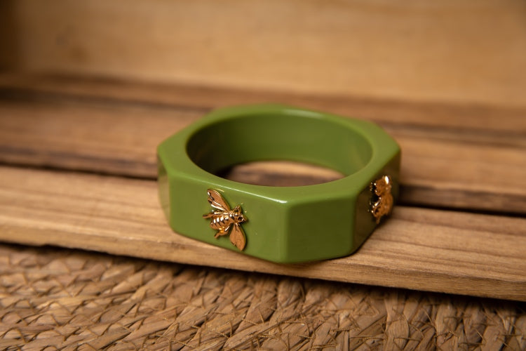 The Queen Bee | Vintage Olive Green Geometric Resin Bangle