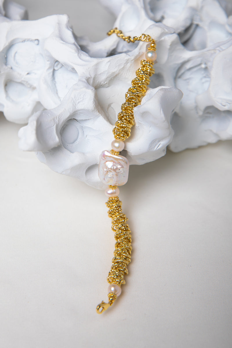 Gilded Lava | Vintage Hand-Textured 18K Gold Spiral & Baroque Pearl Bracelet