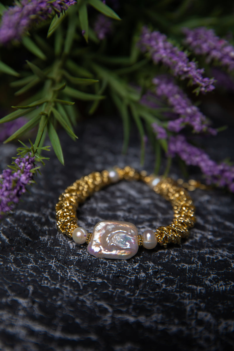 Gilded Lava | Vintage Hand-Textured 18K Gold Spiral & Baroque Pearl Bracelet
