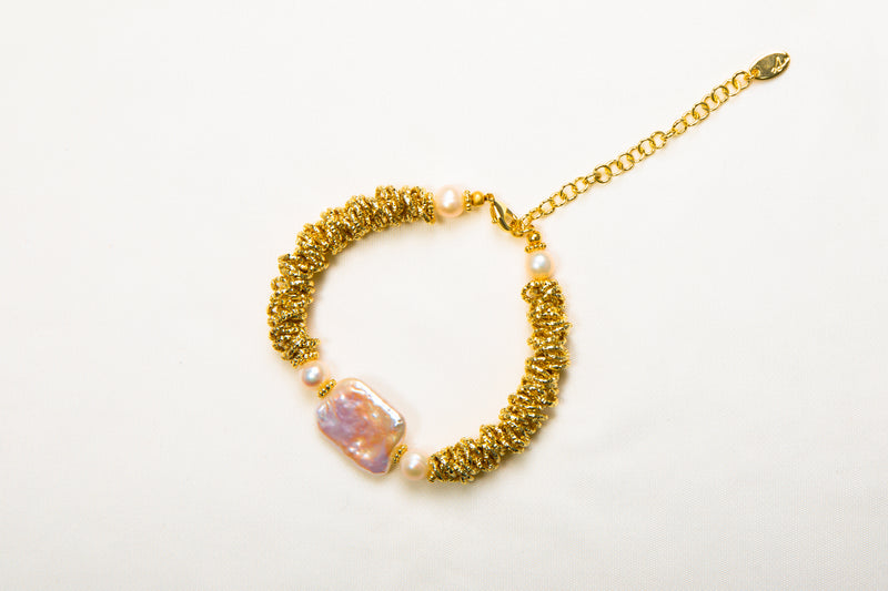 Gilded Lava | Vintage Hand-Textured 18K Gold Spiral & Baroque Pearl Bracelet