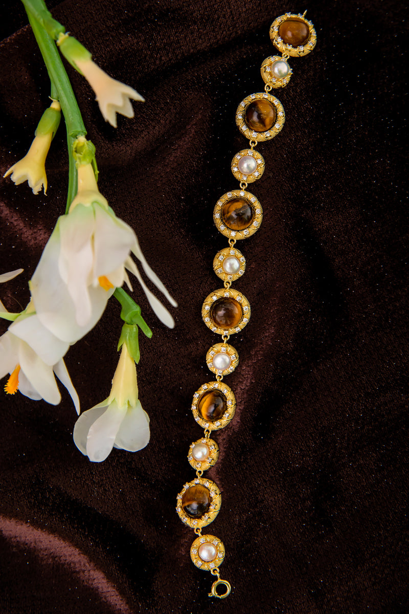 Golden Orbit | Vintage Court-Style Tiger’s Eye & Pearl 18K Gold Bracelet