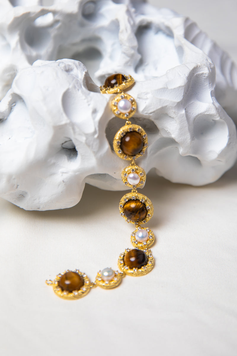 Golden Orbit | Vintage Court-Style Tiger’s Eye & Pearl 18K Gold Bracelet