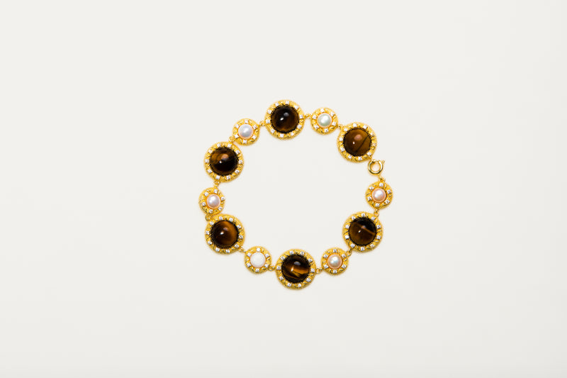 Golden Orbit | Vintage Court-Style Tiger’s Eye & Pearl 18K Gold Bracelet