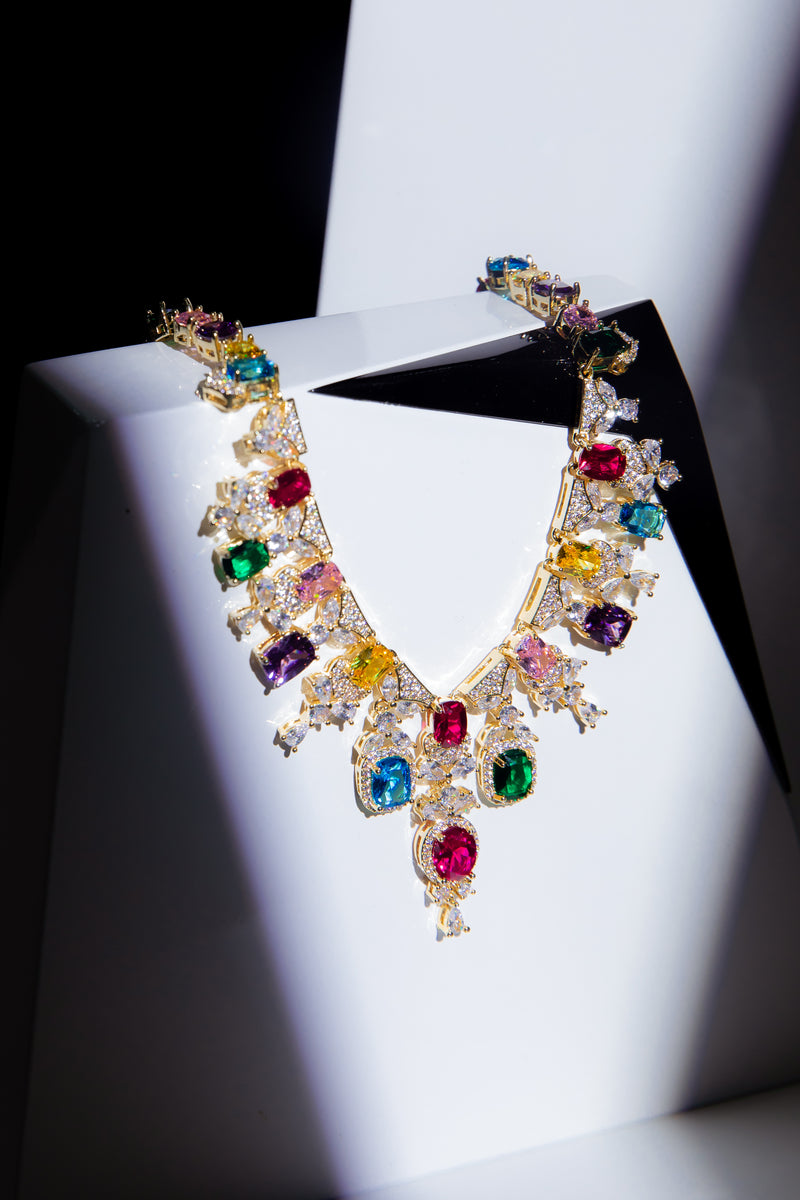 The Regal Kaleidoscope | V-Shaped Color Crystal Statement Collar