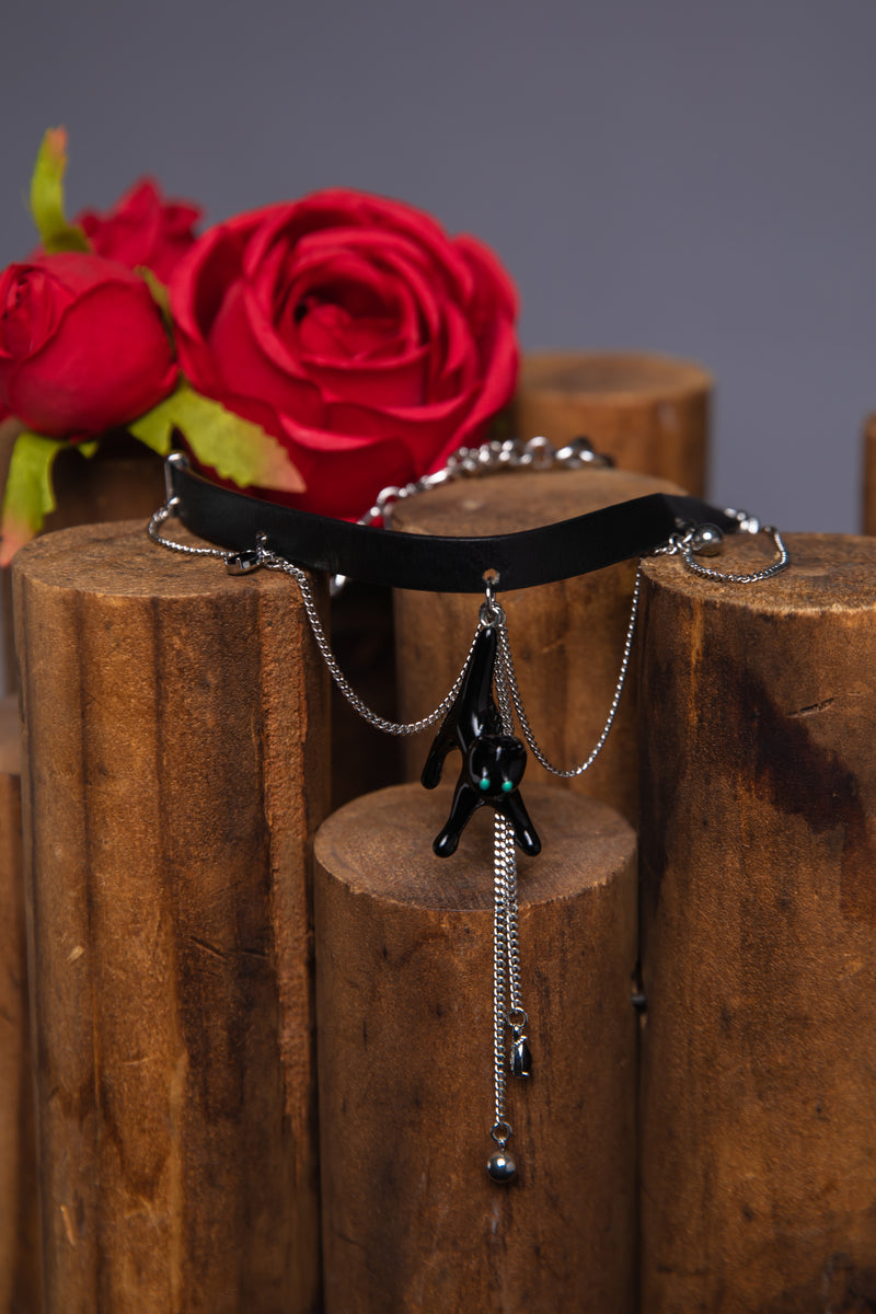 Midnight Feline | Dark Coquette Leather & Resin Cat Choker