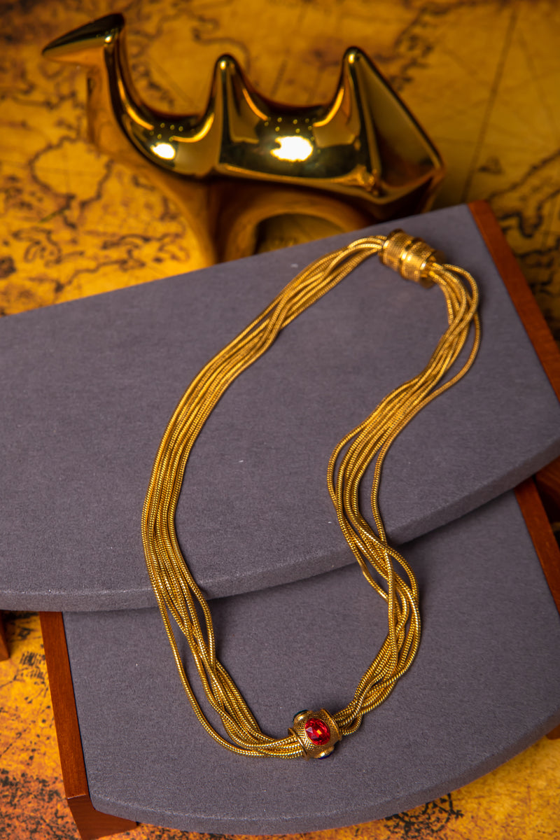Crimson & Azure Orbit | Vintage Multi-Strand 18K Gold-Plated Gemstone Collar Necklace
