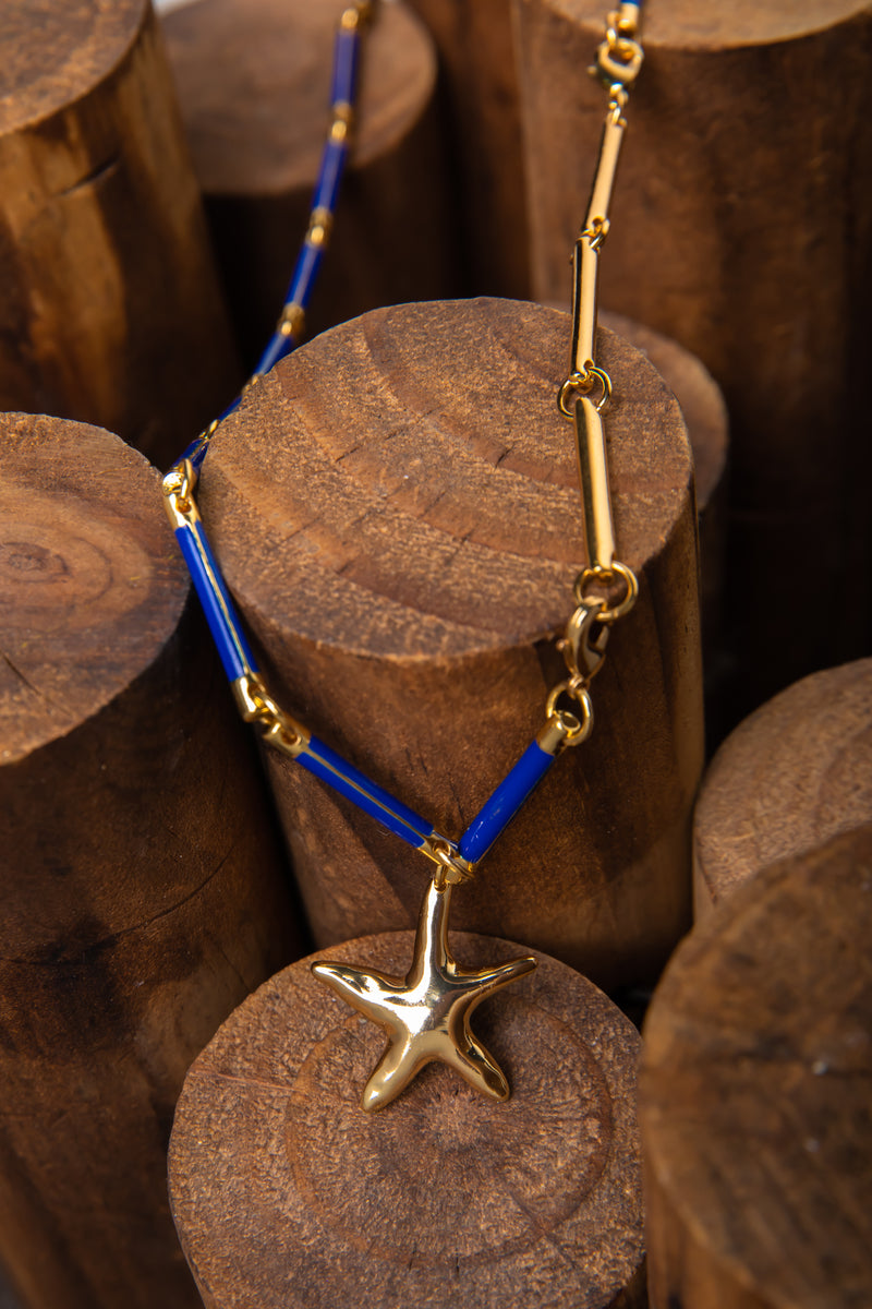 [Azure Starfish] Asymmetrical Enamel Maritime Necklace