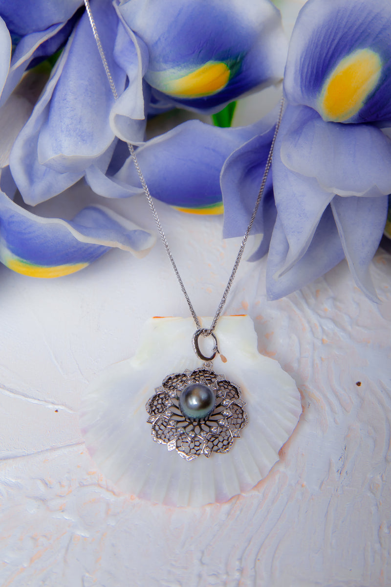 Midnight Mandala | Victorian Filigree Natural Black Pearl Silver Necklace
