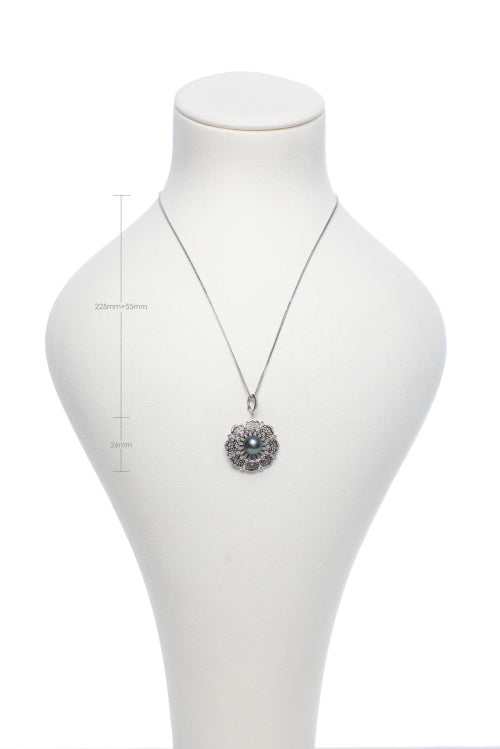 Midnight Mandala | Victorian Filigree Natural Black Pearl Silver Necklace