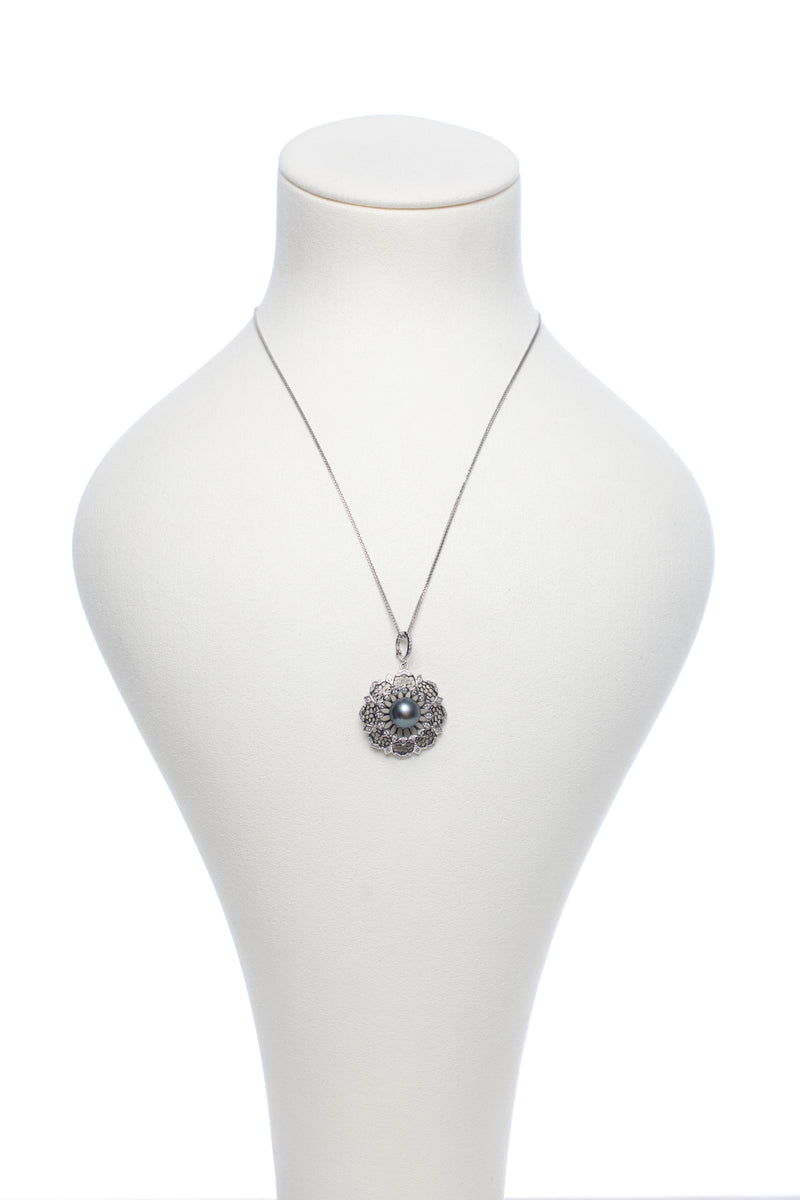 Midnight Mandala | Victorian Filigree Natural Black Pearl Silver Necklace