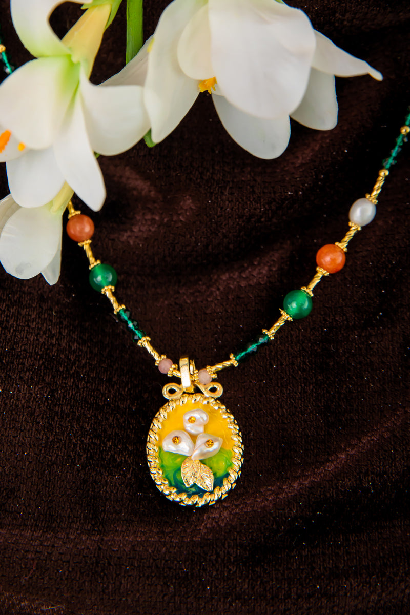 Monet’s Secret Garden | Vintage Hand-Painted Shell & Emerald Beaded Necklace