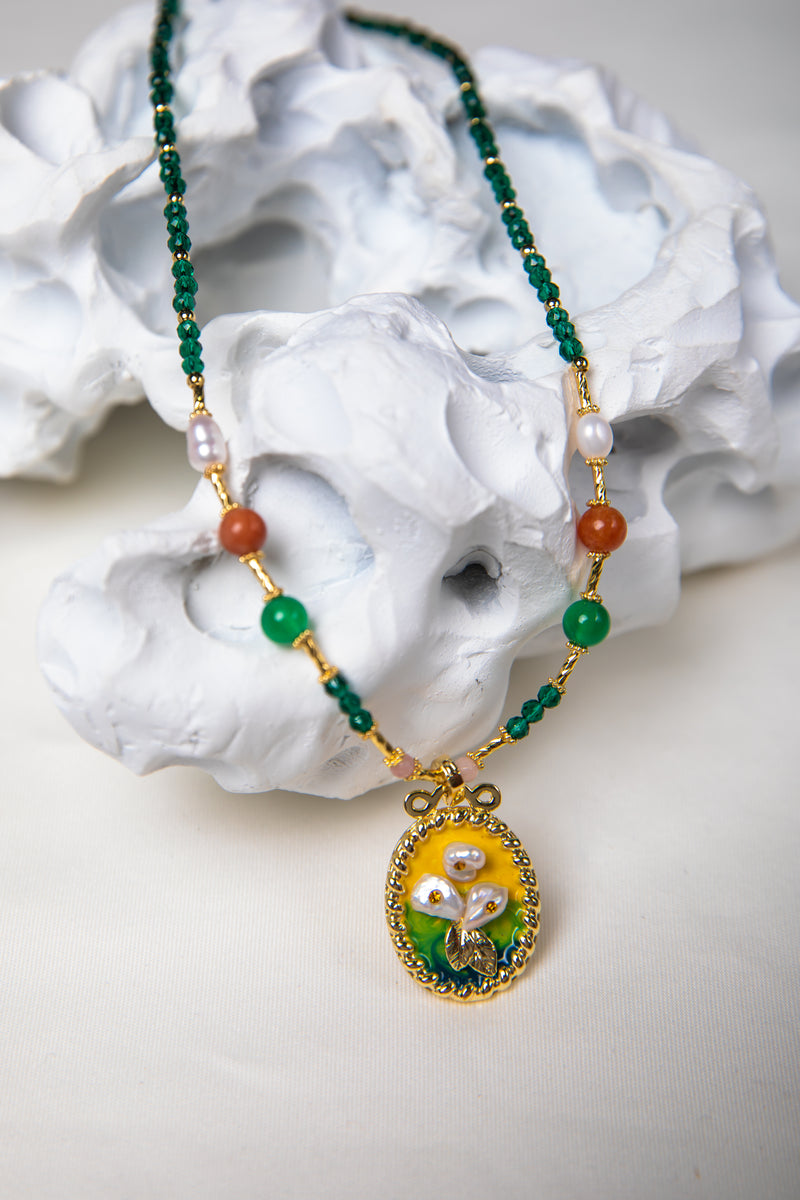 Monet’s Secret Garden | Vintage Hand-Painted Shell & Emerald Beaded Necklace