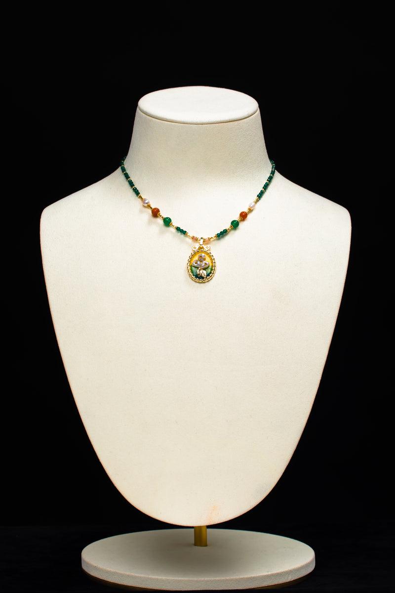 Monet’s Secret Garden | Vintage Hand-Painted Shell & Emerald Beaded Necklace